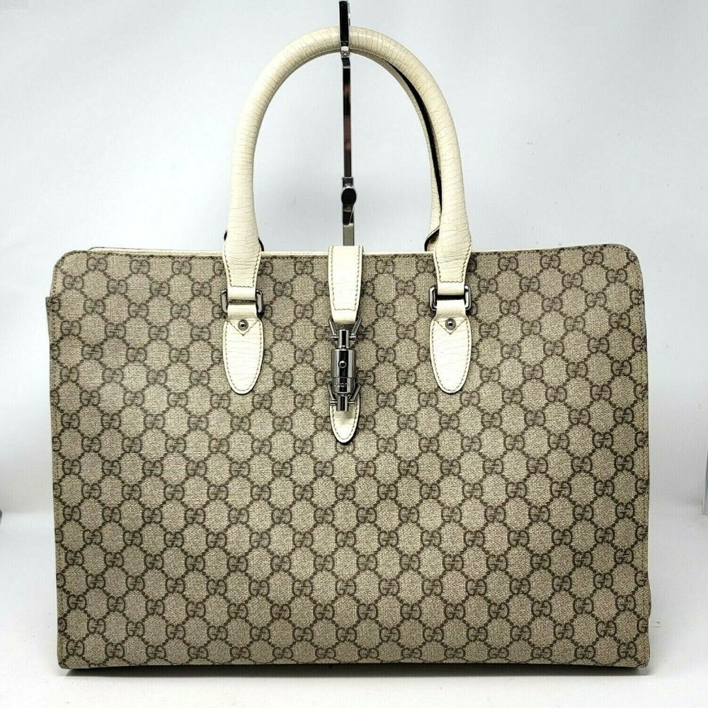 Gucci Jackie GG Supreme Canvas Ivory Leather Large Tote Computer Hand Bag Auth - Picture 1 of 12